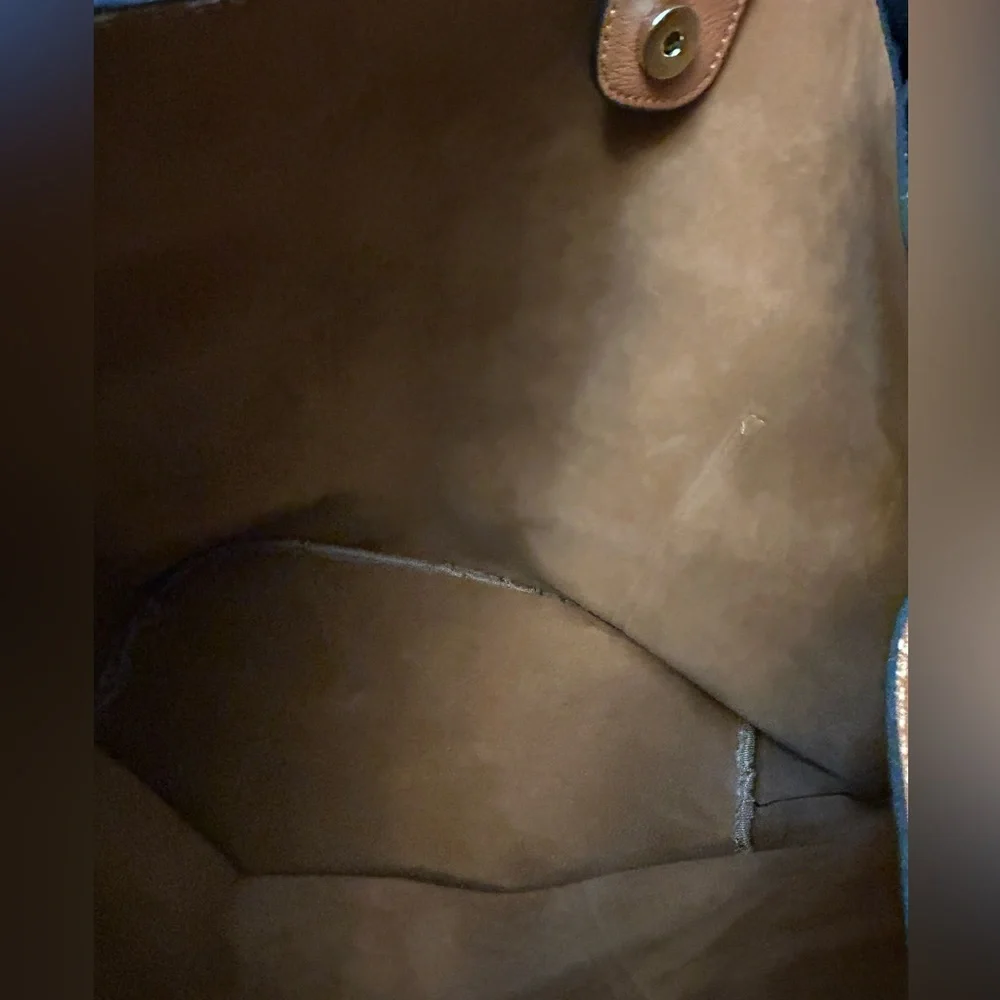 Sold Cognac Faux Leather Bucket Handbag w/ Gold Tone Hardware EUC - Picture 8 of 13